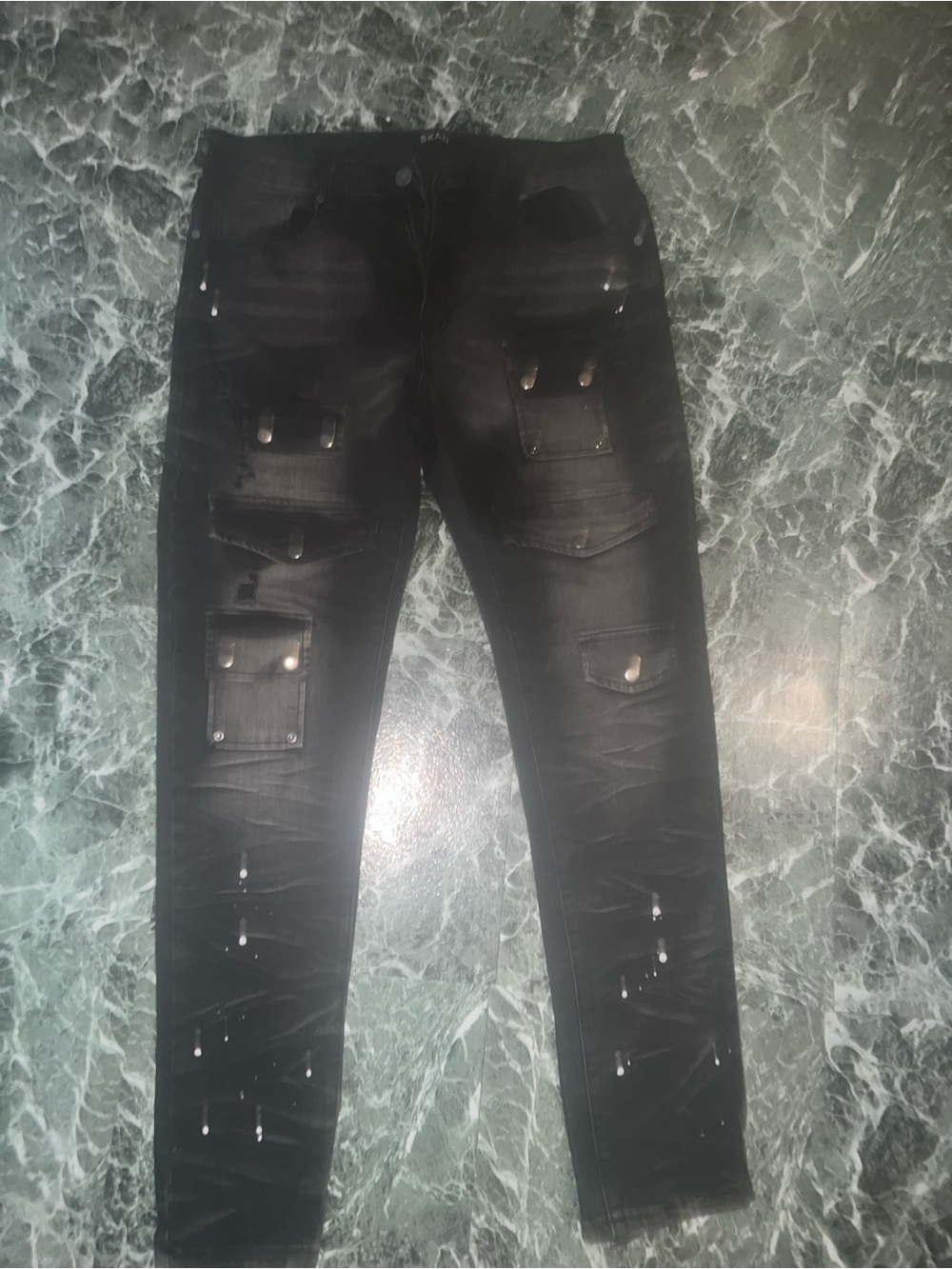 Men's Black Skinny Cargo Jeans with Stud Details